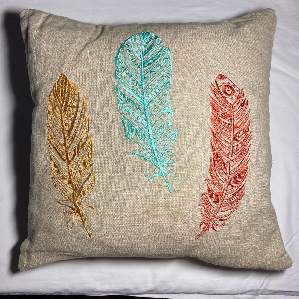 Bohemian pillow, with embroidered feathers on front, 55% linen 45% cotton GUC